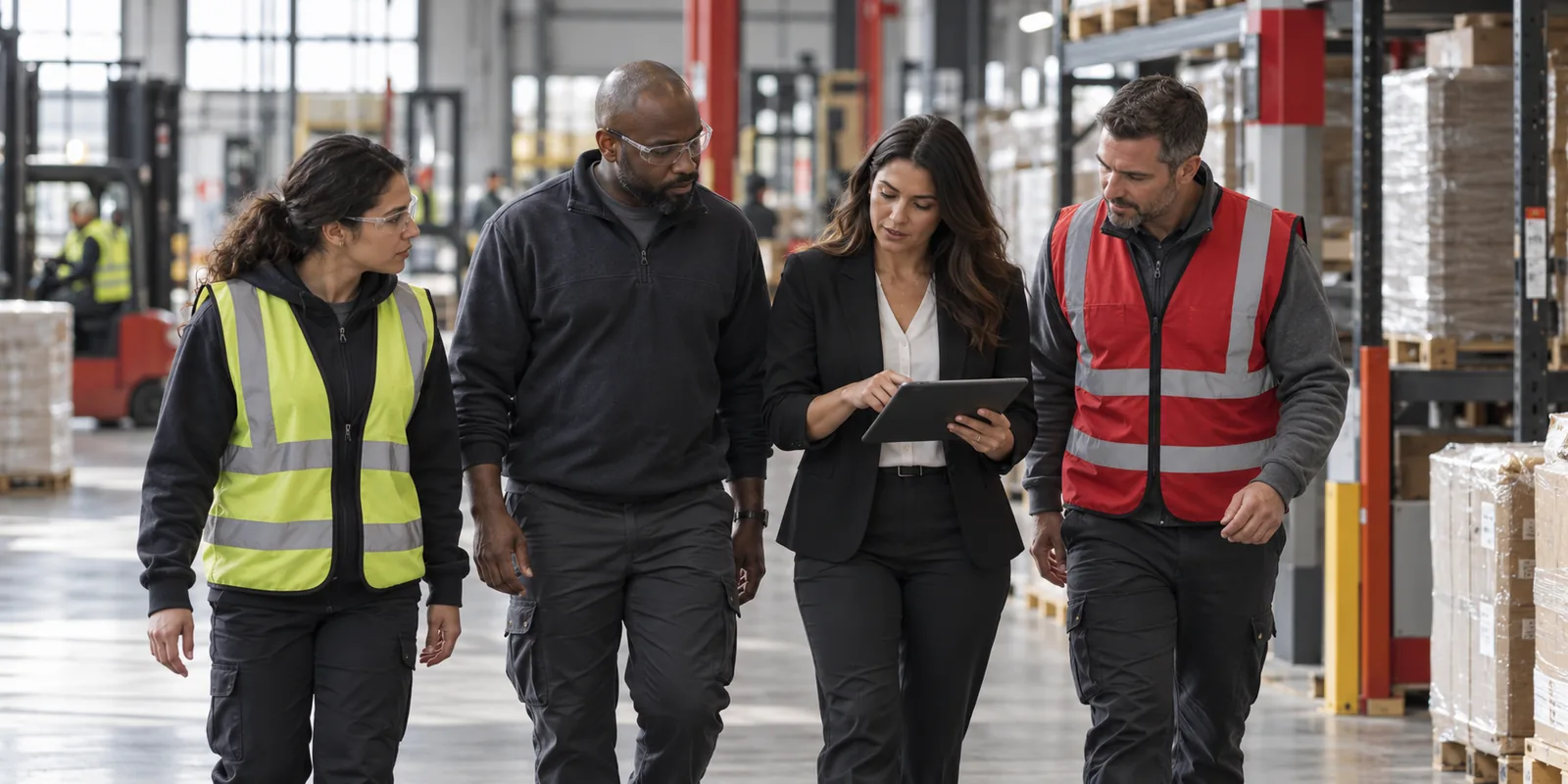 A staffing recruiter and operations team reviewing a workforce plan in a distribution facility.
